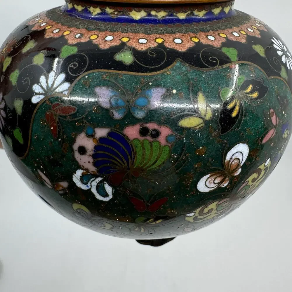 Antique Japanese Cloisonné Enamel Tripod Vessel with Lid